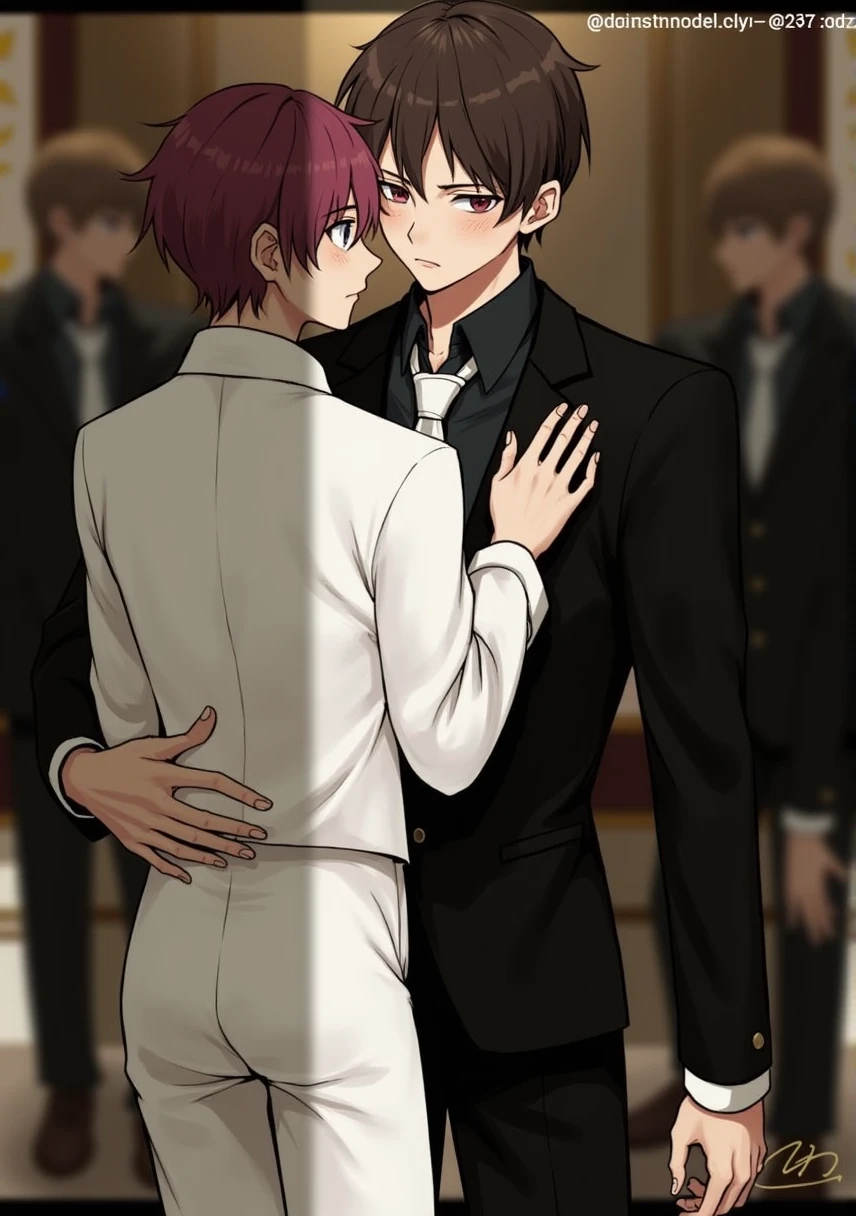 Do the same as the picture, the smaller guy has dark pink hair and light baby blue eyes and black skin, while the other guy, the bigger guy, has light brown hair and brown eyes and dark skin, is the same model as the photo.