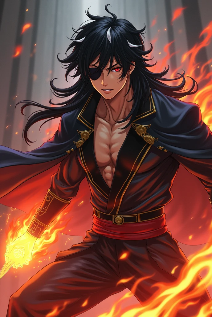 Make me a  character in the world of demon slayer, with long black hair with white parts, besides an eye patch, hunter&#39;s mark, and extremely strong body, apart from his haroi and cloak and some scars, besides using flame breathing