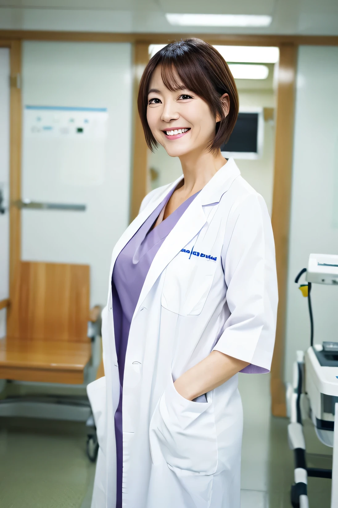 Photorealistic, high resolution, High resolution,Japan Beautiful Nurse, 44 years old, Mature Woman, Smile, White Lab Coat, whole body, hospital, ward