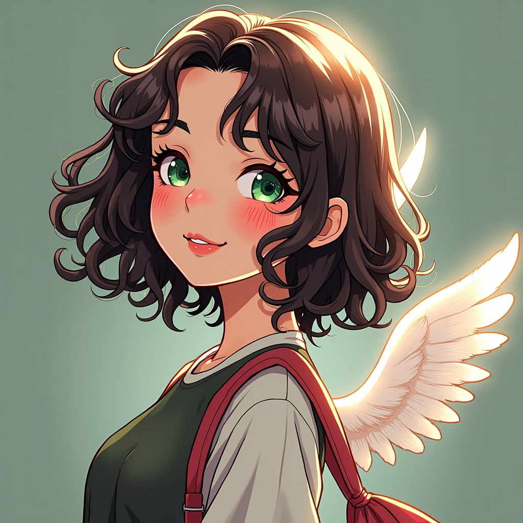 A girl with an angelic face, age seventeen. 
 skin fair, curled hair! short dark brown, clear green eyes, 
with modern clothes delicate and cute/sporty chic. shy, 

(Realistic comic style)