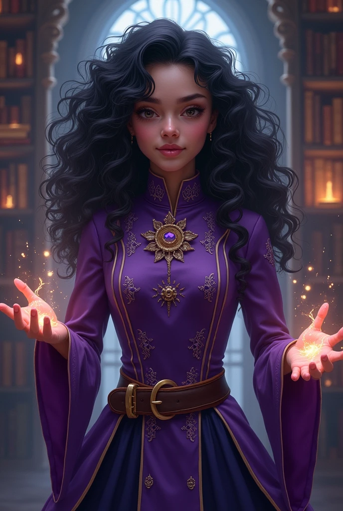 A age witch with black, curly hair wearing a purple magic school uniform.