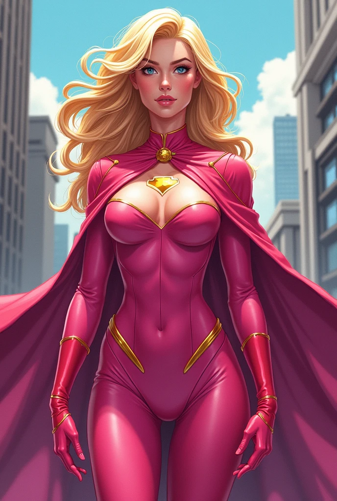 Superheroine with pink suit and cape and super power kindness