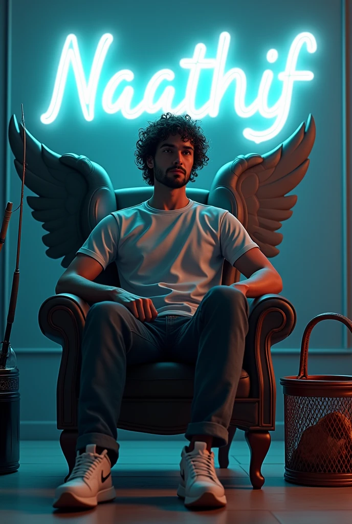 Create a 3D illustration for a profile picture where a 38 year old “Man”,With a wavy hair, in a Black banion, casually on a wings back chair with a fishing rod and a fish basket near by, wearing sneakers a white, she looks ahead, the background features “Naathif” in big and capital letters White neon light fronts on the back wall, there should not be his shadow and there are wings to make it appear as if he is angel.
