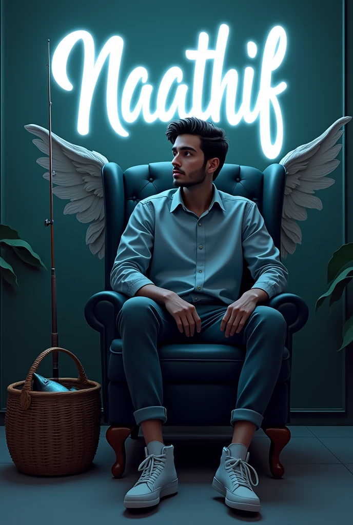 Create a 3D illustration for a profile picture where a 38 year old “Man”,With a wavy hair, in a Black banion, casually on a wings back chair with a fishing rod and a fish basket near by, wearing sneakers a white, she looks ahead, the background features “Naathif” in big and capital letters White neon light fronts on the back wall, there should not be his shadow and there are wings to make it appear as if he is angel.