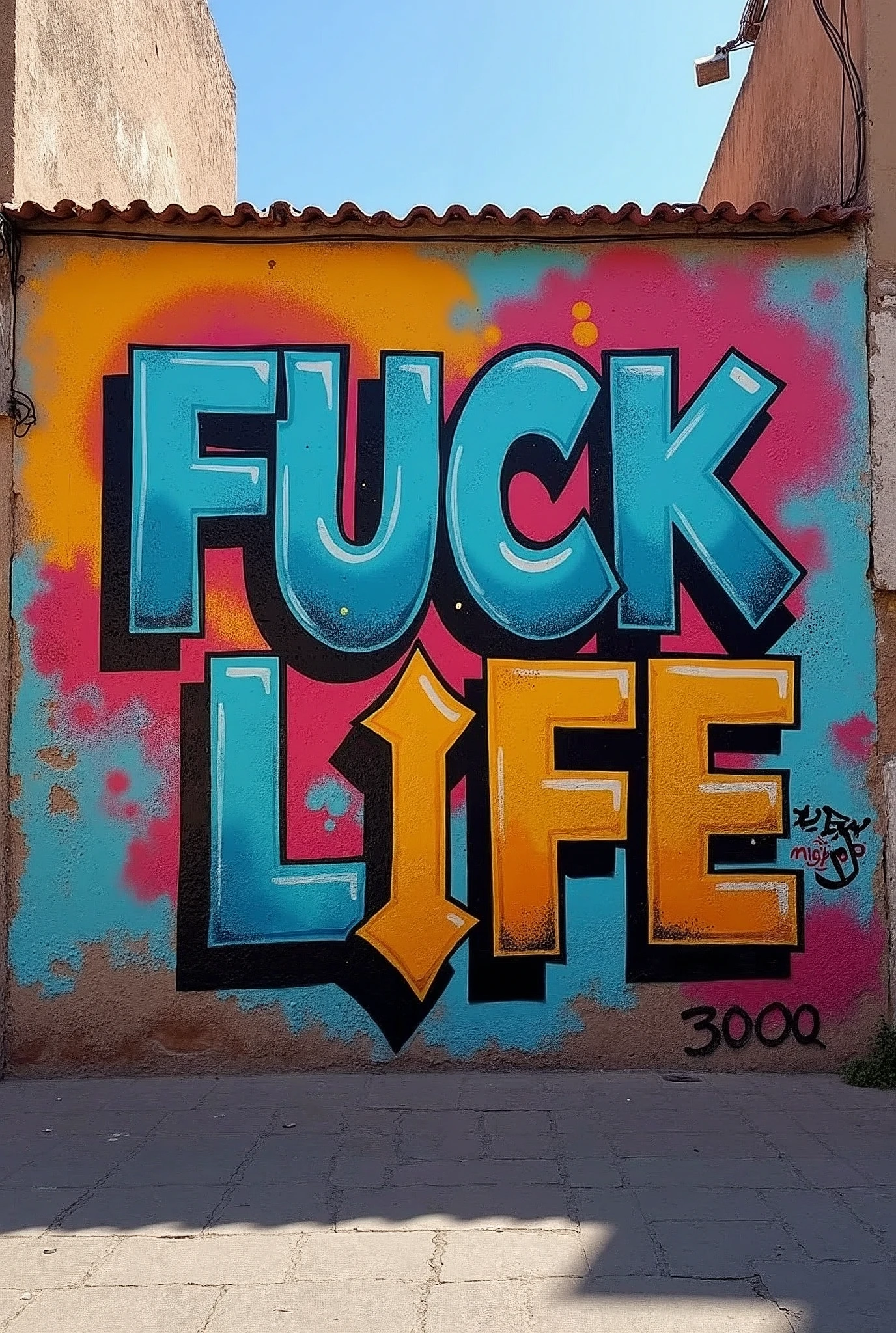 "A street wall in Peru that says FUCK LIFE in graffiti-style letters in 3000 x 3000"