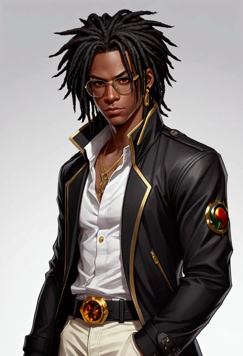 Dark-skinned young man with brown eyes and a black jacket., Black dreadlocks, Black prescription glasses, Hairstyle with dreadlocks, Black horns coming from head, in human style, colorful sketch, unrealistic character concept, Conceptual portrait of my character, подробный character portrait, anime style character, anime style portrait, character portrait, cel - shaded art style, His outfit consists of black, unbuttoned jacket with gold buttons on the front and bottom of the sleeves, he wears a white V-neck shirt., White pants, large black belt with gold buckle, smaller black belt, hanging from the side of her hip, and he&#39;s wearing beige shoes with black buckles, вдохновение King of Fighters potrait 