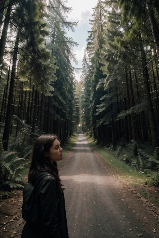 "Alicia, A young woman in search of answers, finds himself in a surreal world full of wonders and dangers. The setting is made up of a mysterious forest with twisted trees and strange creatures.. Alicia, With a shocked expression, In the distance you see a winding road that branches off in several directions. in the sky, Unusually shaped clouds move slowly, creating an atmosphere of uncertainty."