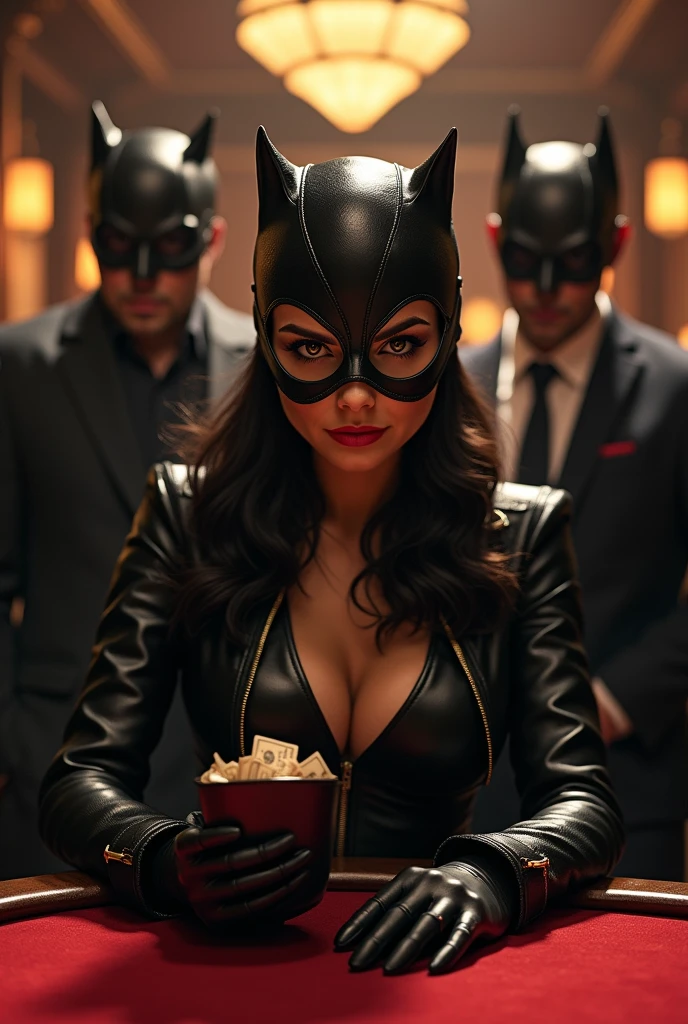 catwoman qui font un braquage dans un casino avec des sac de billet et une arme à faux 