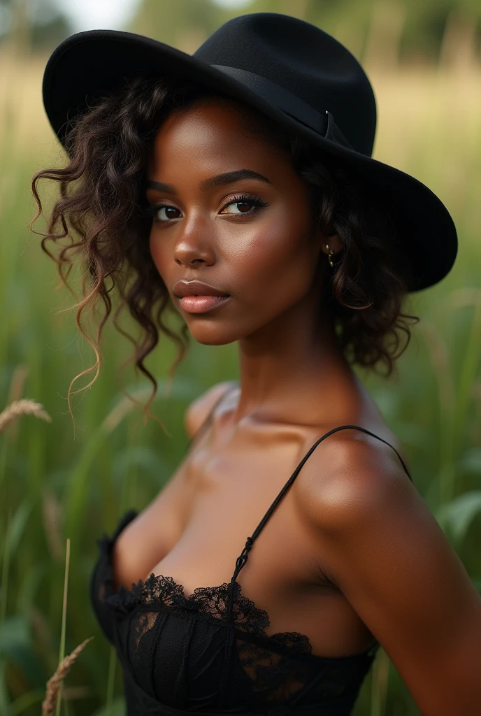 un magnifique, femme maigre avec des seins en bonnet C et des fesses rebondies, debout dans la nature dans une pose sexy, traits du visage détaillés, yeux et visage extrêmement détaillés, long cils, belles lèvres détaillées, détails complexes, Photoréaliste, 4k, hyperdétaillé, chef-d'œuvre, Éclairage dramatique, couleurs vives, paysage naturel, ambiance éthérée, élégant