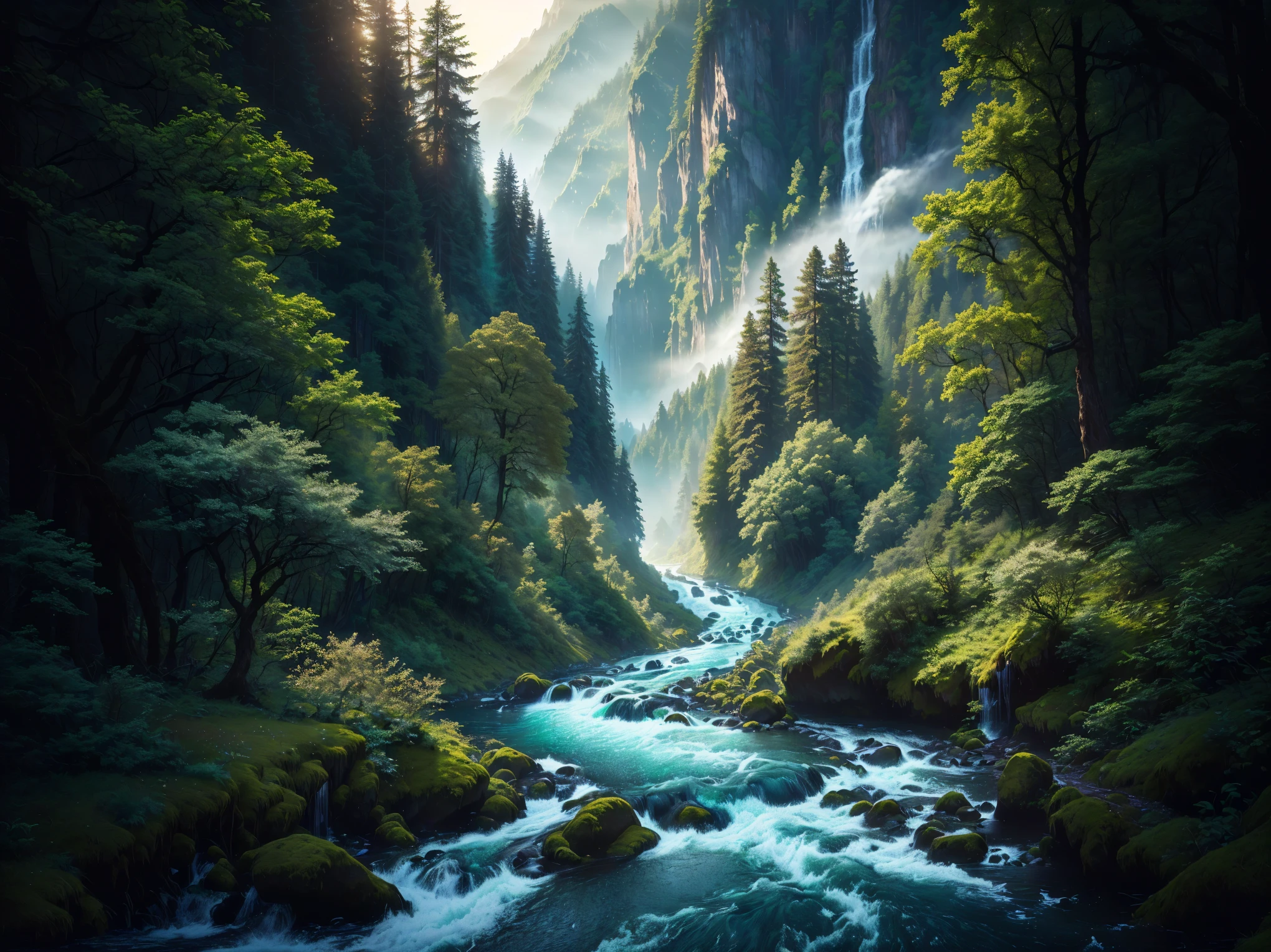 a view of a river running through a lush green forest, majestic nature scenery, nature wallpaper, ryan dyar, max rive, forest and waterfall, forest and river, 8k stunning artwork, mountains river trees, anime nature, amazing landscape, amazing depth, nature scenery, detailed scenery —width 672, breathtaking landscape, lush valley, magical landscape