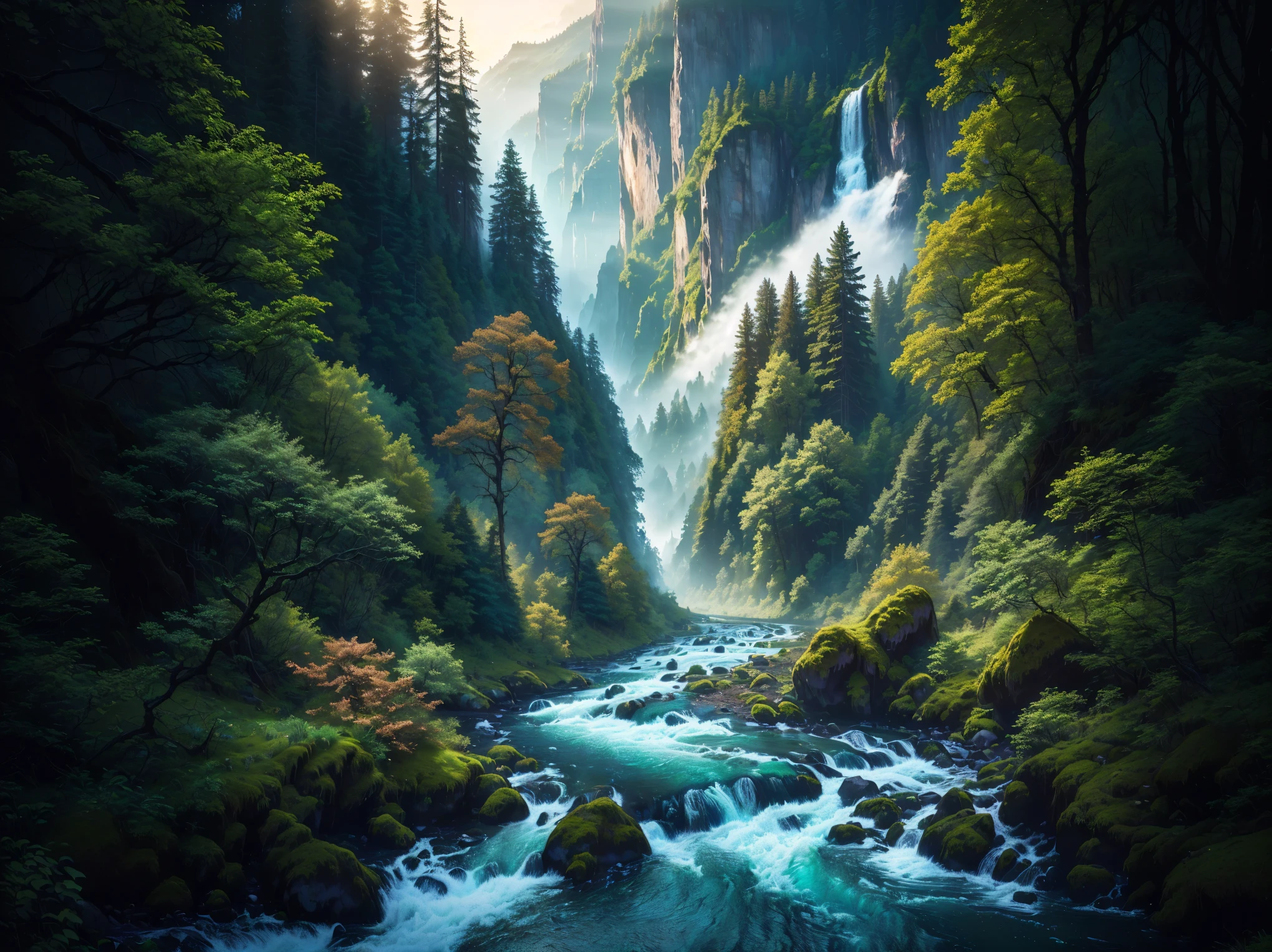 a view of a river running through a lush green forest, majestic nature scenery, nature wallpaper, ryan dyar, max rive, forest and waterfall, forest and river, 8k stunning artwork, mountains river trees, anime nature, amazing landscape, amazing depth, nature scenery, detailed scenery —width 672, breathtaking landscape, lush valley, magical landscape