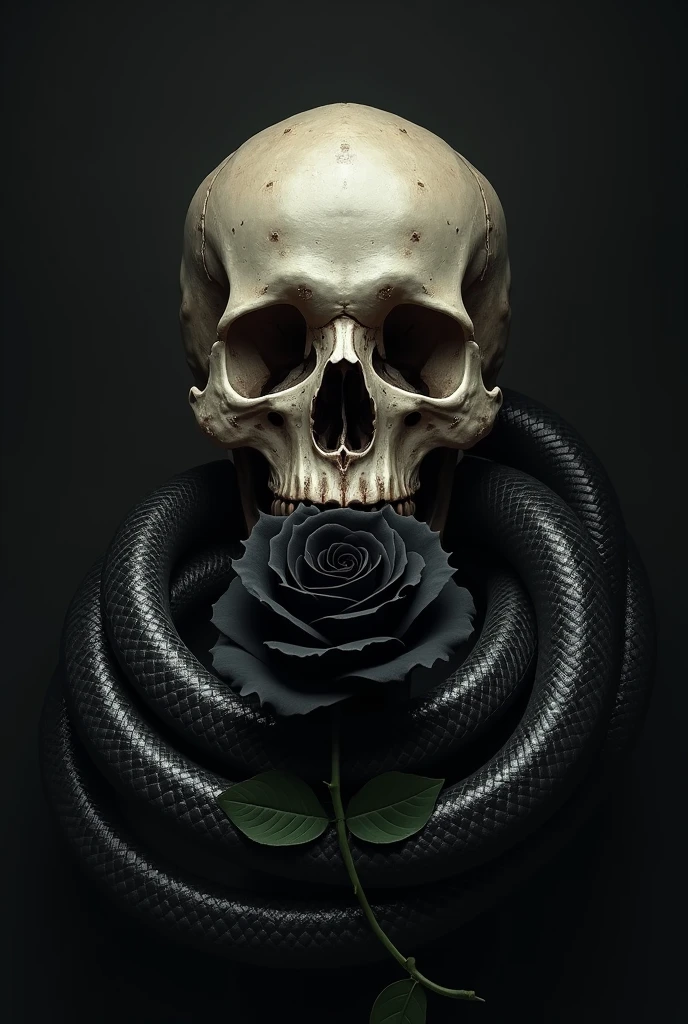 Skull with black rose in its mouth and snake surrounding it