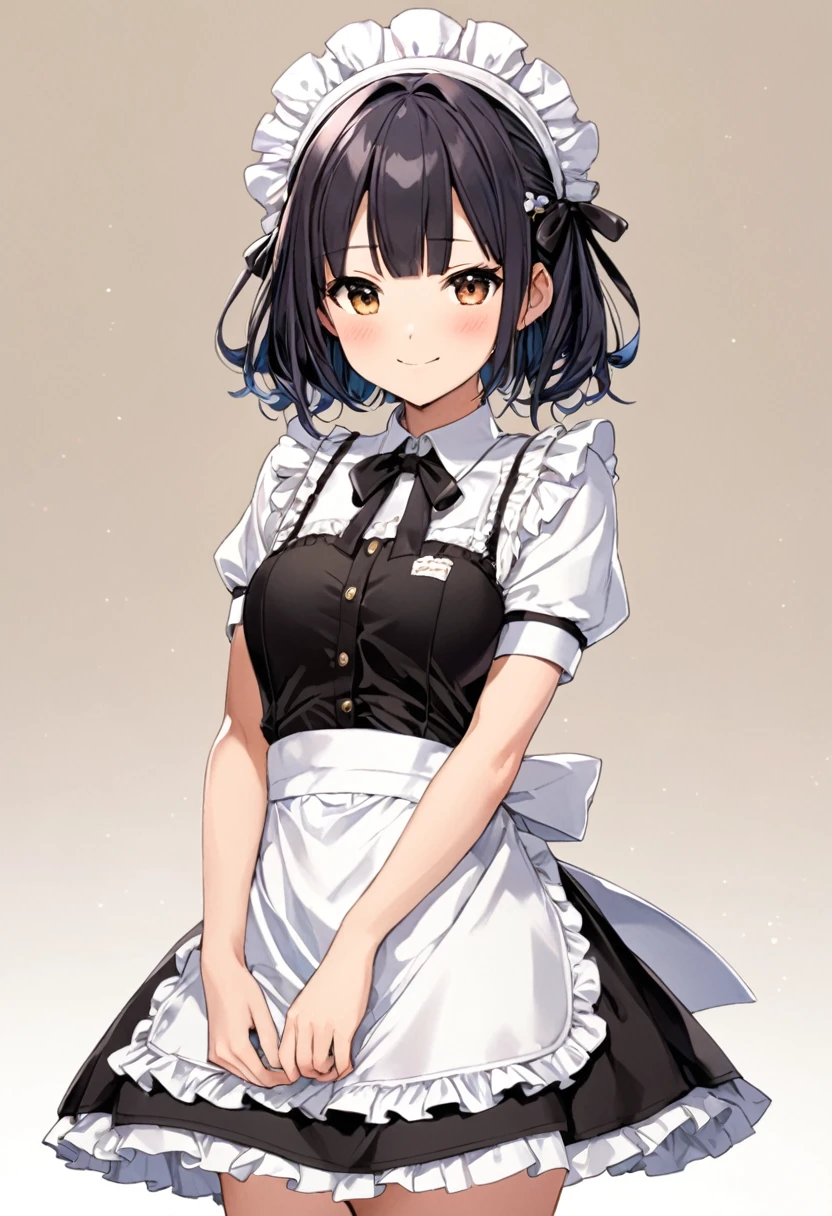((cofee-kizoku, anmi, tadano yukiko)), maid headdress, black bikini, short hair, shy smile, blush, middle breasts, simple background, best quality, ultra-detailed, long hair, alternative hair style, full body