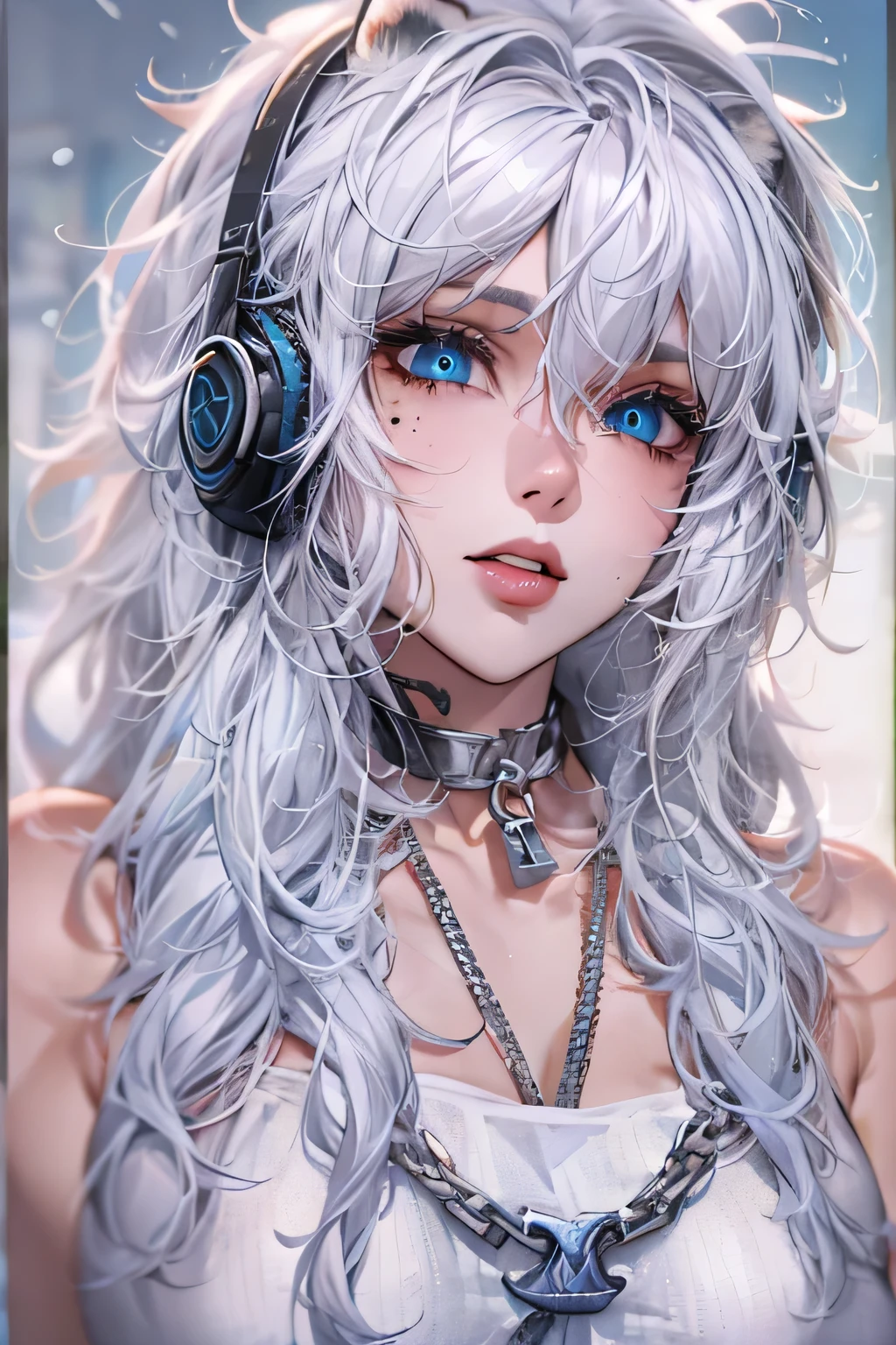 (masterpiece, sidelighting, finely detailed beautiful eyes: 1.2), (on the moon, space, looking back into earth), white hair, black tank top, volumetric lighting, white jacket, glowing headphone, cyberpunk, futuristic, multi-color eyes, detailed eyes, hyper detailed,light smile, highly detailed, beautiful, small details, ultra detailed, best quality, intricate, hyperrealism, sharp, digital illustration, detailed, realism, intricate, 4k, 8k, trending on artstation, good anatomy, beautiful lighting, award-winning, photorealistic, realistic shadows, realistic lighting, beautiful lighting, raytracing, intricate details, moody, rule of thirds, masterpiece, (illustration:1.1), highres, (extremely detailed CG, unity, 8k wallpaper:1.1), beautiful face, highly detailed face, ultra realistic, masterpiece, bokeh, extremely detailed, intricate, zoomout, colorful, vibrant colors, red nail polish, side view,