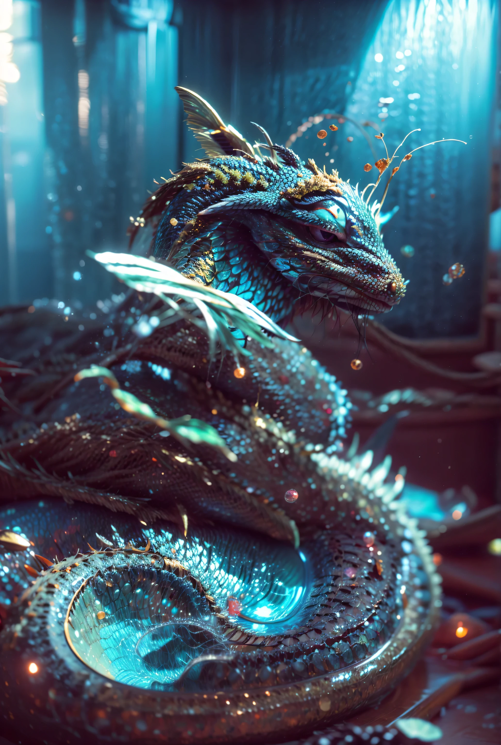 Change color to blue and yellow, deep dark blue, royal blue and golden yellow, seadragon with plants at undersea, better eye