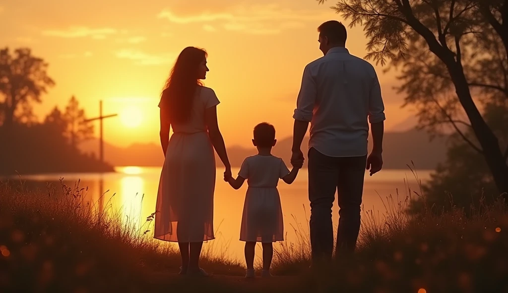 Create a highly realistic image of a grieving family gathered together in a peaceful, natural setting, perhaps a quiet garden or by a serene body of water at sunset. The soft, warm light of the setting sun creates a gentle, comforting atmosphere. The family members are shown holding hands, supporting one another, with expressions of sadness yet also a sense of peace. In the background, a subtle, glowing cross or an angelic light represents the comforting presence of God. The overall scene should evoke a sense of faith, love, and divine consolation during a time of loss, reflecting the message of 2 Timothy 4:7