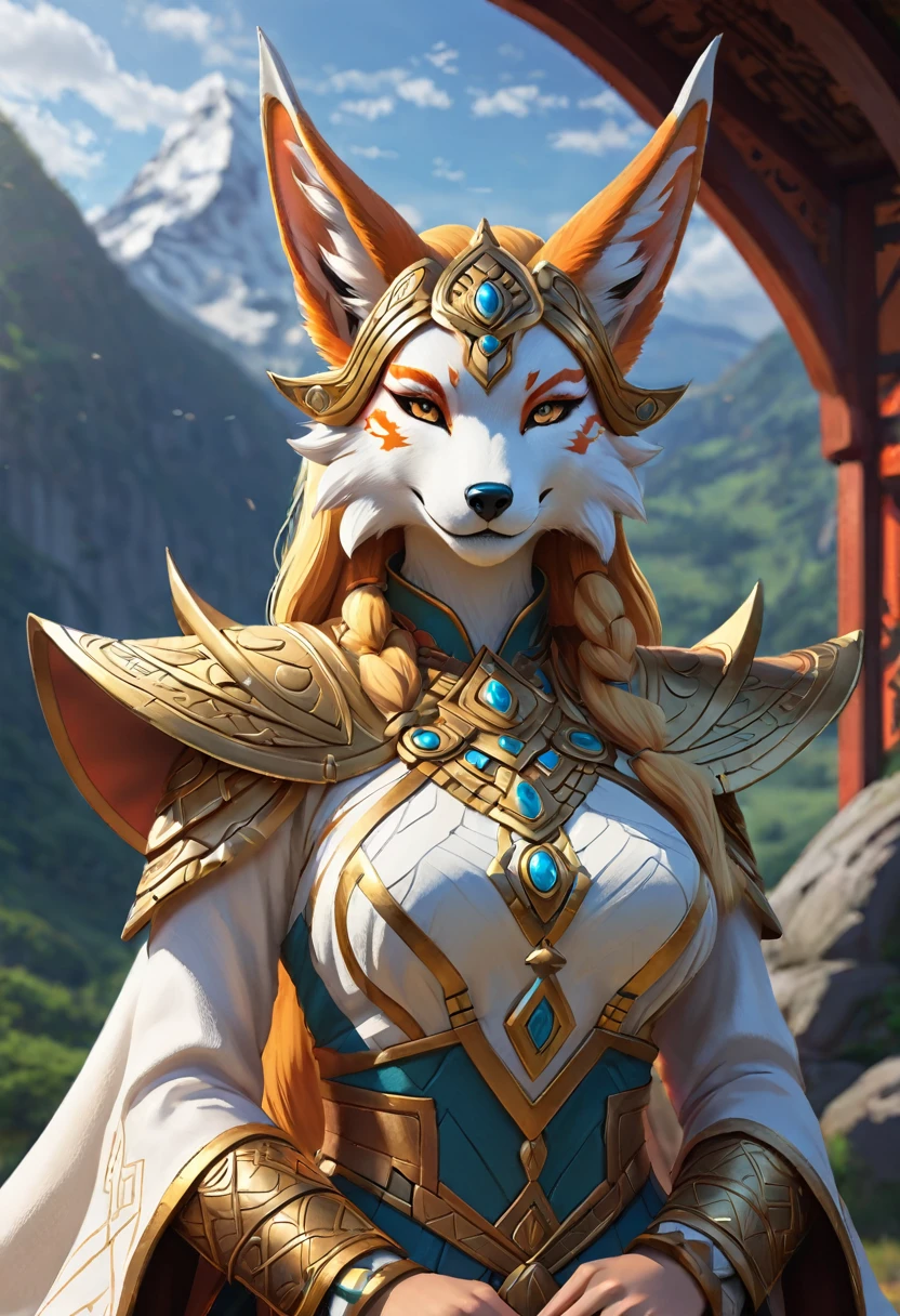 Anthropomorphic feminine kitsune-dragon enchantress. Official Art – An Award-Winning Digital Masterpiece In 4K Ultra HD, Extreme Detail And Intricate Realism. Symmetrical Face. This Concept Art Brought To Life By The Hands Of Artists Like Wlop & Artgerm In A Stunning 2D Vector Illustration. Breath of the wild. Background Is A Panoramic Vista.