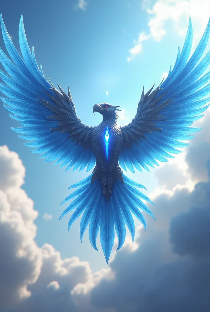 Create an animated thunderbird with a line of bright feathers in the middle of light blue and that has armor.
