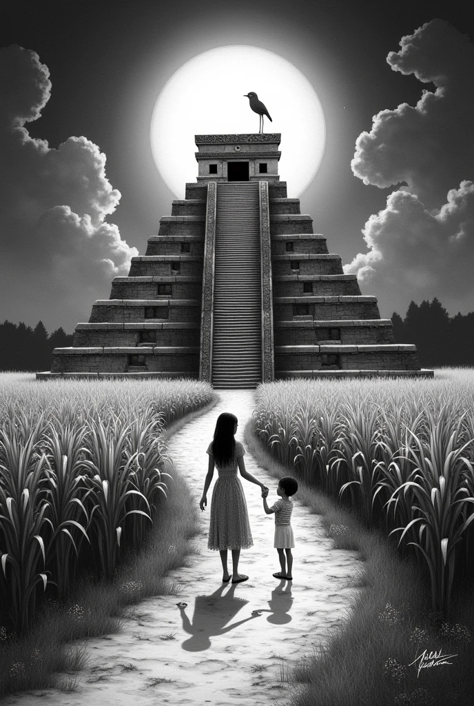 Mayapan pyramid central path and corn field Full moon Maiden feeding a nightingale with her father and grandfather represented as angels Design for blackwork tattoo