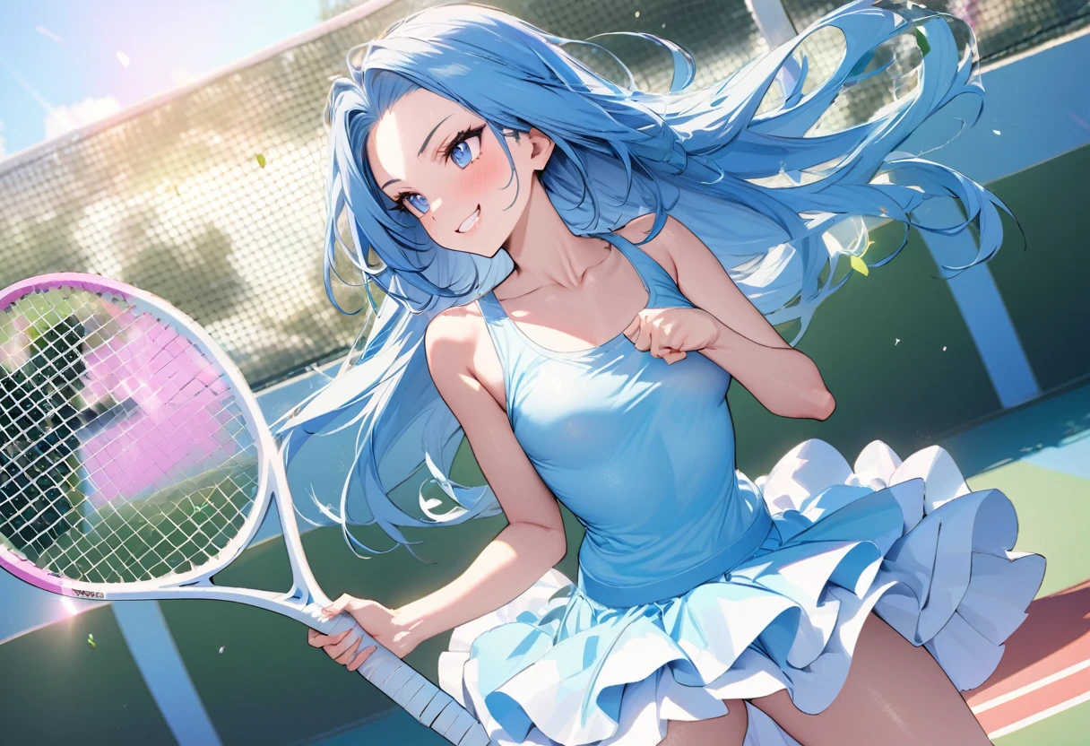 (Tennis Player style) (double exposure pastel color), (hand holding a detailed Tennis racket), (playing Smash Action pose), (solo:2, 15 yo) (beautiful forehead) (beautiful beautiful blue hair long hair) (immensely cute girl) (detailed cute blue eyes) (best grin smile, glossy lip) (small tits), in a pastel blue attractive tank top, Layered mini skirt, sexy pink white Underskirt, break, in the beautiful Tennis court, BREAK, perfect anatomy, masterpiece, best quality, 16k, beautiful detailed grow, daydreaming expression.