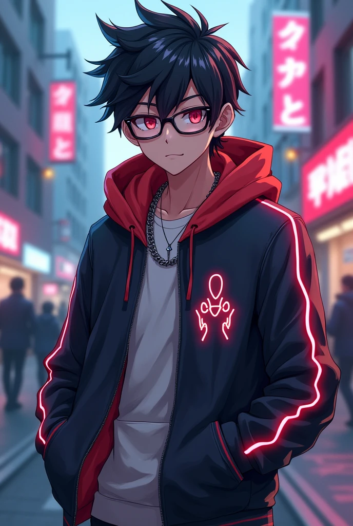 Generate an image of a stylish teenage anime boy looking directly at the viewer, resembles a passport photo. He wears a hoodie with flashy neon details., a chain necklace around the neck, fashion glasses, and impeccably combed hair, exuding urban confidence in an urban setting with his hand in his pocket 