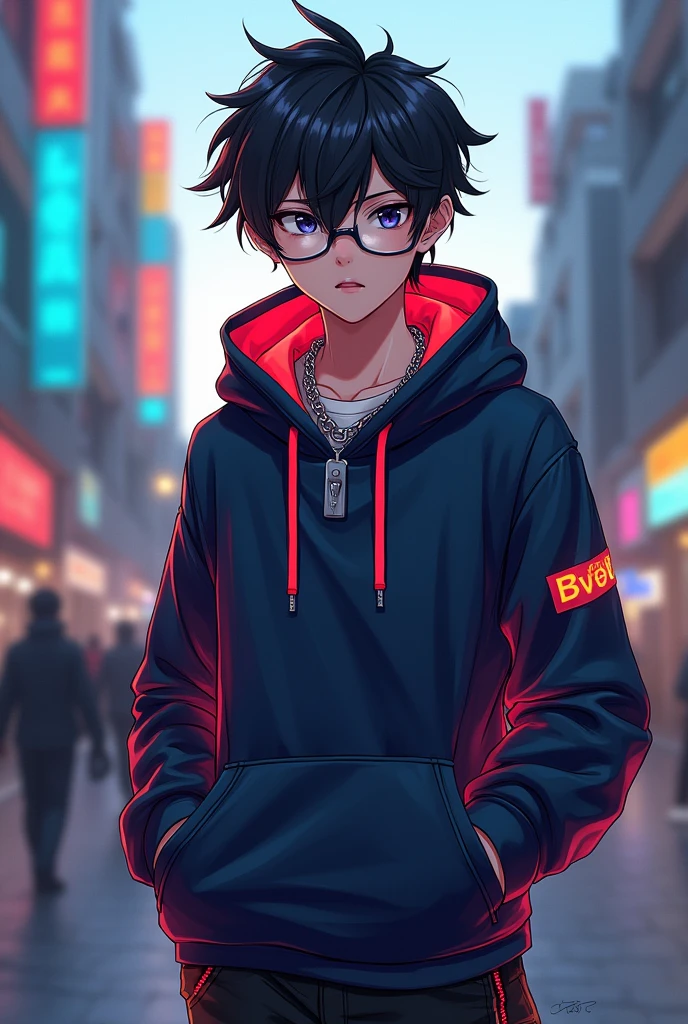 Generate an image of a stylish age anime boy looking directly at the viewer, resembles a passport photo. He wears a hoodie with flashy neon details., a chain necklace around the neck, fashion glasses, and impeccably combed hair, exuding urban confidence in an urban setting with his hand in his pocket