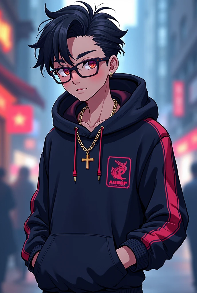 Generate an image of a stylish age anime boy looking directly at the viewer, resembles a passport photo. He wears a hoodie with flashy neon details., a chain necklace around the neck, fashion glasses, and impeccably combed hair, exuding urban confidence in an urban setting with his hand in his pocket 