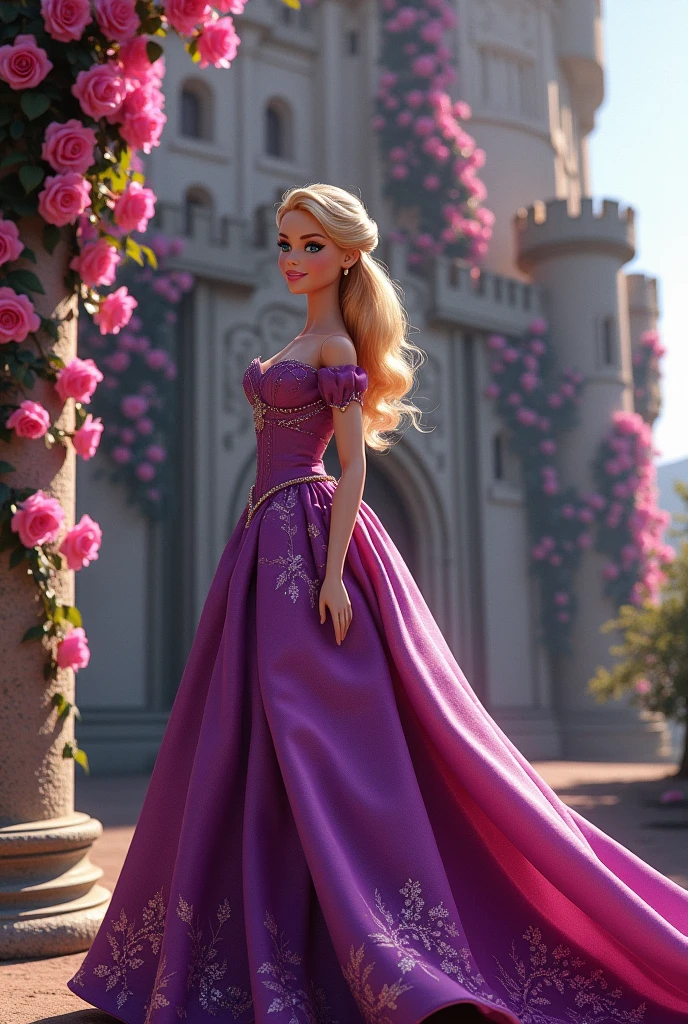Barbie as a princess in a purple dress with roses on it. It the background there is a stone castle with pink roses growing on it