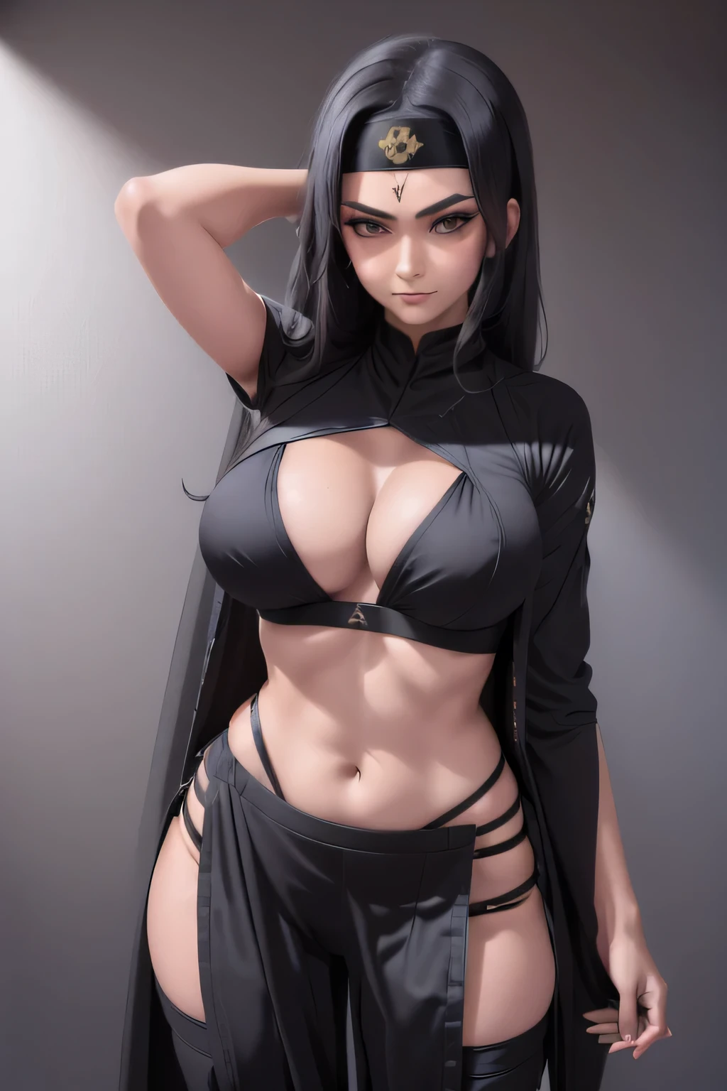 a girl in a all black ninja outfit with a ninja headband composed of an iron metal plate and a band of cloth engraved with the ninja symbol on it
hanging sword behind ,Whole body