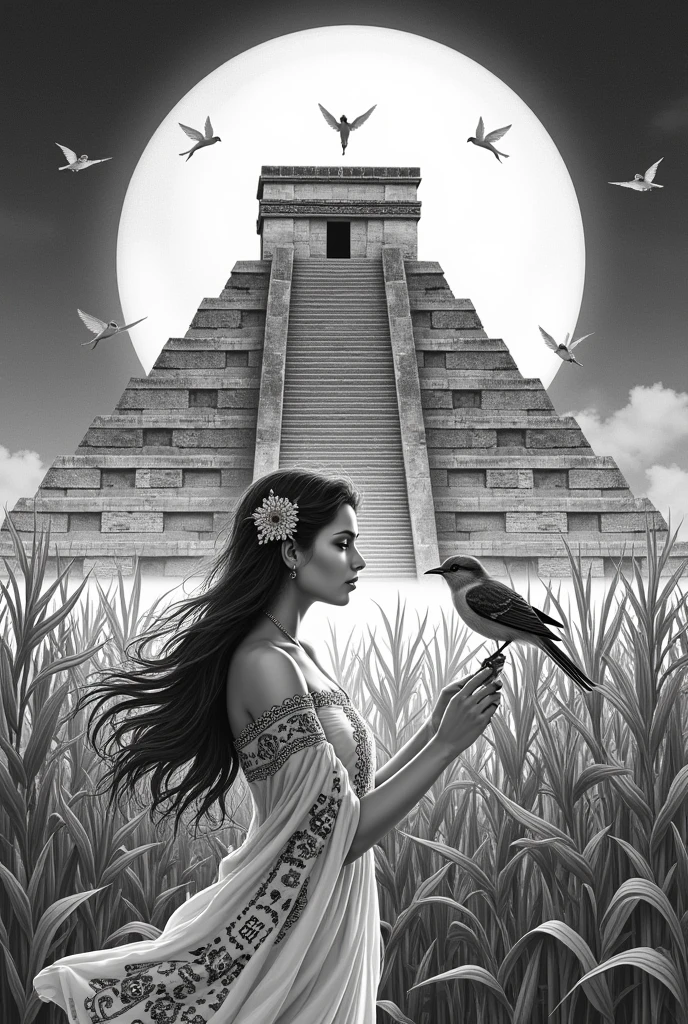 Mayapan Pyramid central path and corn field Full moon Maiden playing with a nightingale, his father and grandfather represented as angel Design for blackwork tattoo