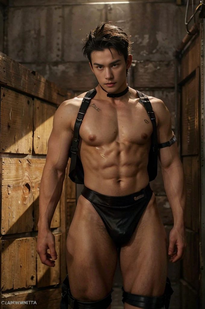 Black hair, Big bulge, very hairy armpits, hairy pubic, hairy crotch,  In the dirty alley, WEARING Tiny thong, his wrists encased open wid in supple leather cuffs that accentuate the lines of top. A bondage chest harness adorns his upper body, its intricate design revealing the play of shadows on the exposed skin of his chest. The ambient lighting casts a warm glow, creating an interplay of light and darkness. Zephyr's legs, enveloped in calf-to-thigh leather restraints, add a visual symmetry to the scene. The leather straps, secured with meticulous precision, enhance the aesthetic appeal of his bound form. The absence of a body panel in the chest harness exposes his torso, highlighting the vulnerability and sensuality of the moment. As Zephyr's hair falls slightly disheveled around his face, the room captures the scents of leather and anticipation. The alley becomes a canvas for the visual impact of restraint, each element contributing to the immersive experience. The intricate details of the bindings and the interplay of light create a visually compelling scene, ripe for exploration by an AI image generator. Both Arms behind back, handcuffed. Nipple clamps. , full bodyesbian , epic reality , epic photorealistic , ultra realism , photorealistic , only male , only boy , full length shot (fls) , wearing sexy micro string thong , arms up, handsome korean boy , (topless) , sex slave. ,bondage collar chain , standing , wide hips , wide pelvis , phat hips. , thick thighs , (warm tone photo) , very tight , (stocking garter) , snake eyes, thin lip. Buzz cut hairstyle ,(absurderes、hight resolution、ultra-detailliert). revealing the tskin and thighs, (full body Esbian:0.6) , extra short hair , beard , This photorealistic portrait combines the style of National Geographic., Capture every detail of his textured skin in 8k resolution. Leica digital SLR camera. His features were clearly visible., From the deep-set eyes to the chiselled jawline., Make this image a true masterpieca