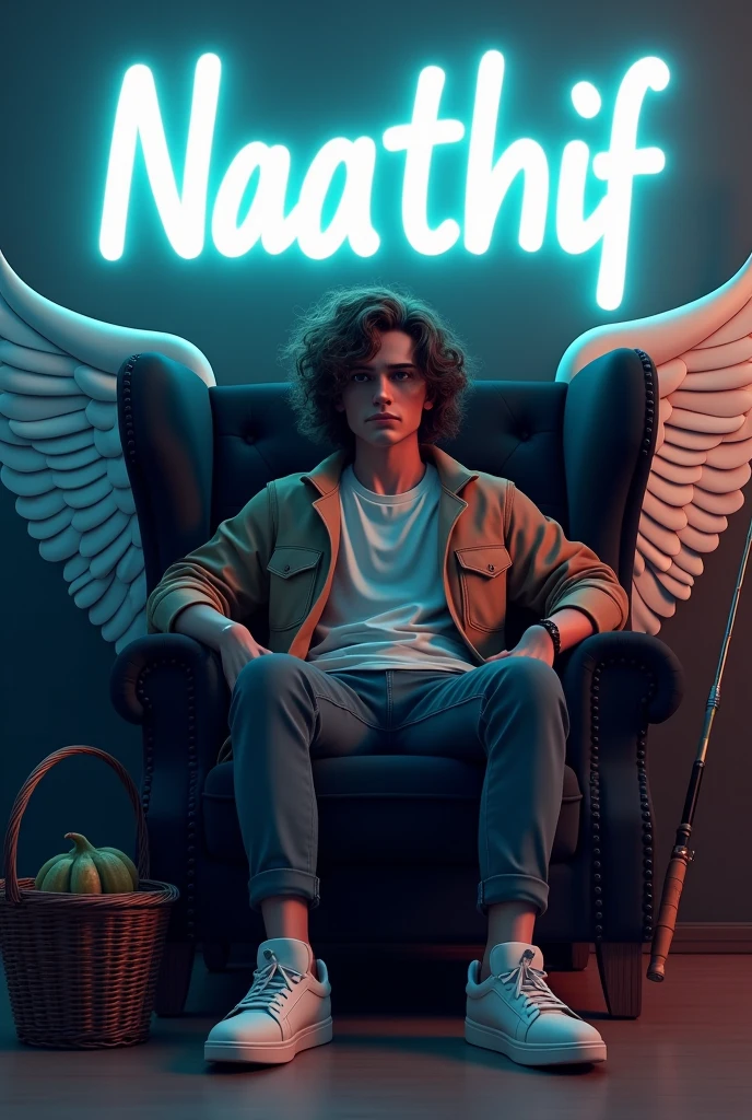 Create a 3D illustration for a profile picture where a 38 year old “Man”,With a long curly hair, in a Black banion, casually on a wings back chair with a fishing rod and fishing  basket near by, wearing sneakers a white, she looks ahead, the background features “Naathif” in big and capital letters White neon light fronts on the back wall, there should not be his shadow and there are wings to make it appear as if he is angel.