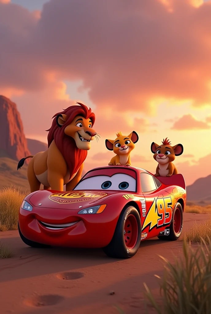 the characters from the lion king animation in cars. each car with a lion cub. (less timao,pumba and scar)