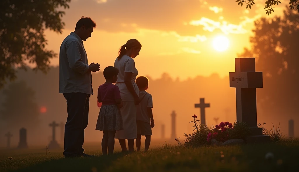 "Create a highly realistic image of a person or family in a moment of reflection and prayer, standing near a gravestone or memorial in a peaceful, beautifully lit cemetery at sunrise or sunset. The scene is filled with soft, warm light symbolizing God's presence as a refuge and source of strength. In the background, gentle rays of sunlight break through the clouds, representing the divine promise of eternal rest. The gravestone is adorned with flowers, and the expressions of the people convey a mixture of sorrow and peace, finding comfort in the knowledge that their loved one is now in God's presence, experiencing eternal rest."
