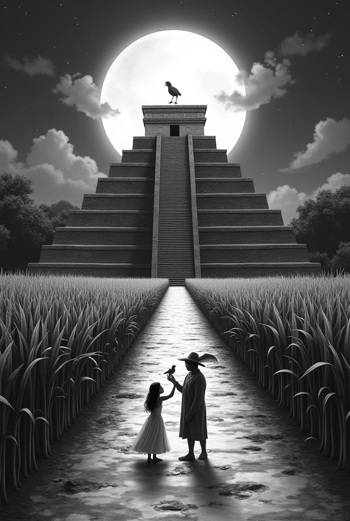 Mayapan Pyramid central path and corn field Full moon Maiden playing with a nightingale, his father and grandfather represented as angel Design for blackwork tattoo