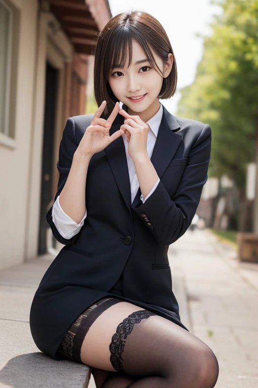 Tabletop, Highest quality, shape, Very detailed, finely, High resolution, 8k wallpaper,short hair、 完璧なダイナミックな構shape, Beautiful and beautiful eyes, suit，Natural color lip, smile、18-year-old girl，If you are wearing black tights or stockings、Two plump thighs、Shortcuts、Open chest shirt、(Beautiful 5 fingers、Beautiful hands、Anatomically correct),(Urinating、I&#39;m using the toilet:1.4)