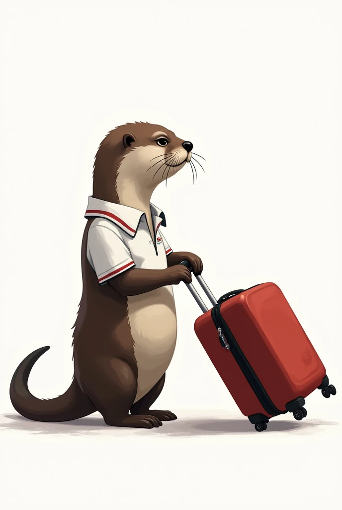 Perfect centering, Cute sea otters, Pulling the suitcase, sad, They are used, standing position, abstract beauty, centered, back to camera, approaching perfection, dynamic, Very detailed, seeds, sharp focus, 8k, high definition resolution, illustration, Carne art Griffiths and Wadim Kashin, White background and a white polo shirt that says RUA UNISCJSA