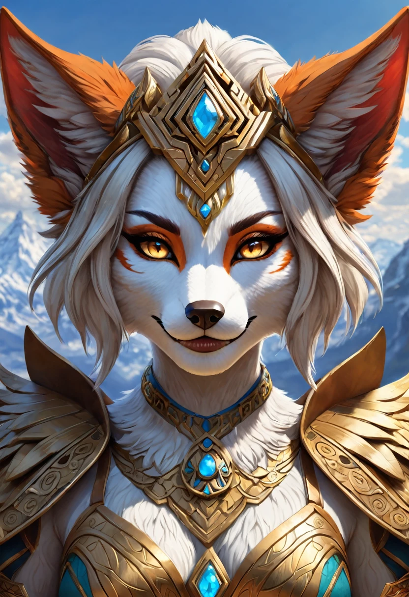 Anthropomorphic feminine kitsune-griffin enchantress. Official Art – An Award-Winning Digital Masterpiece In 4K Ultra HD, Extreme Detail And Intricate Realism. Symmetrical Face. This Concept Art Brought To Life By The Hands Of Artists Like Wlop & Artgerm In A Stunning 2D Vector Illustration. Breath of the wild. Background Is A Panoramic Vista.