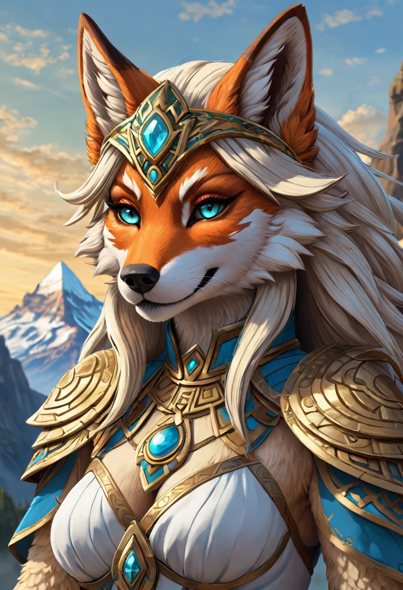 Anthropomorphic feminine kitsune enchantress. Official Art – An Award-Winning Digital Masterpiece In 4K Ultra HD, Extreme Detail And Intricate Realism. Symmetrical Face. This Concept Art Brought To Life By The Hands Of Artists Like Wlop & Artgerm In A Stunning 2D Vector Illustration. Breath of the wild. Background Is A Panoramic Vista.