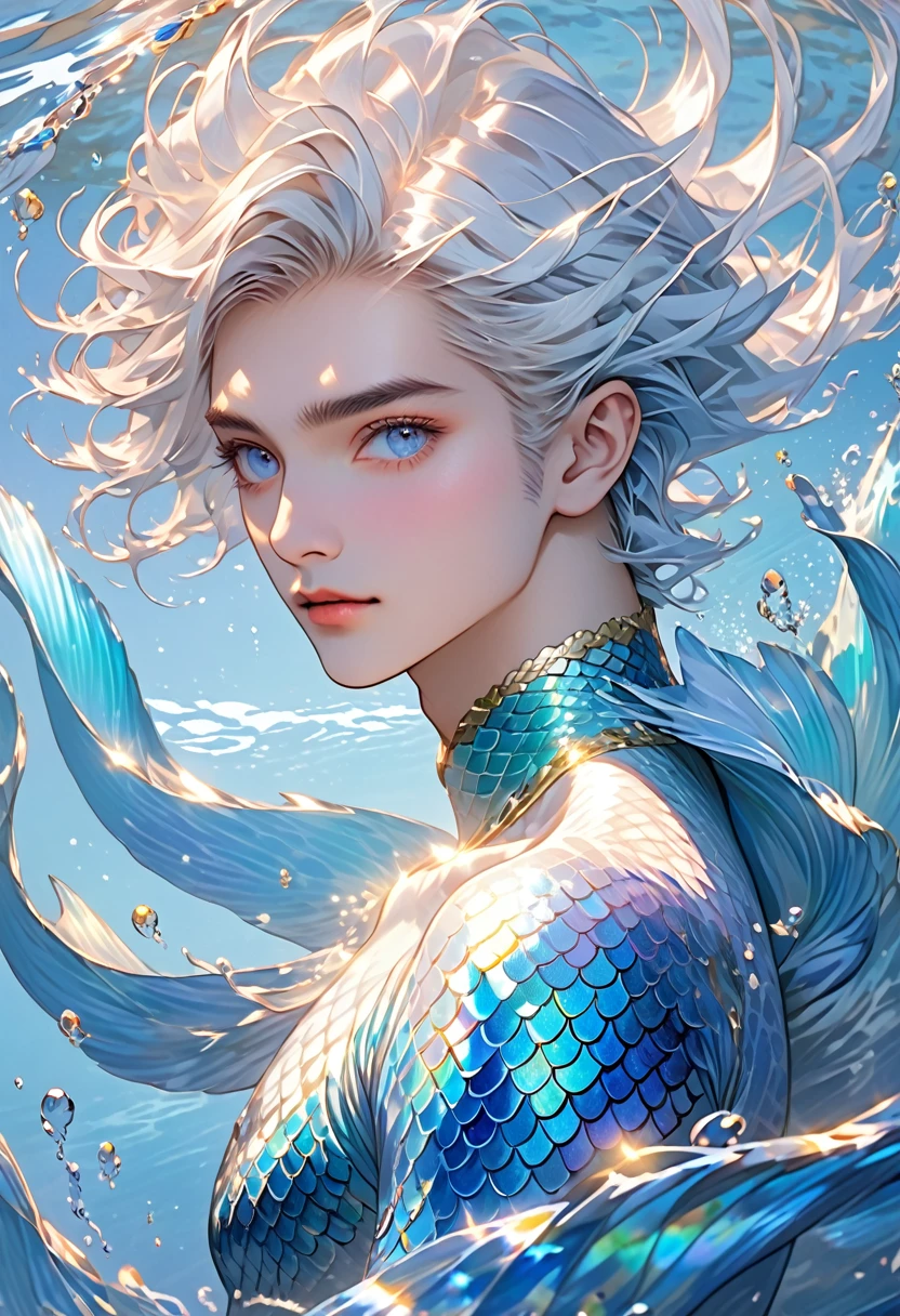 "A breathtakingly beautiful, androgynous male merman floats gracefully before us, his presence both ethereal and captivating. His long, flowing white hair dances in the currents, framing a face of delicate, androgynous beauty. His eyes are a mesmerizing sapphire blue, conveying a sense of gentle wisdom and otherworldly charm.
The merman’s skin is pale and flawless, but scattered across his torso are random patterns of shimmering blue and gold scales, adding to his fantastical and enchanting appearance. In place of legs, he has a long, flowing tail, the scales glistening like thousands of precious gems as it undulates through the water.
The merman’s upper body is lean and androgynous, with no visible body or facial hair. His features are soft and youthful, yet there is an undeniable allure and magnetism to his appearance. The viewer is drawn inexorably to his captivating gaze and the graceful, otherworldly movements of his magnificent tail.
The underwater scene should be rendered with the utmost attention to detail, from the intricate textures of the merman’s scales to the shimmering, kaleidoscopic refractions of light through the water. The overall composition should emphasize the merman’s ethereal beauty and enchanting presence, capturing the viewer’s imagination and leaving them spellbound by this truly mesmerizing creature of the deep."