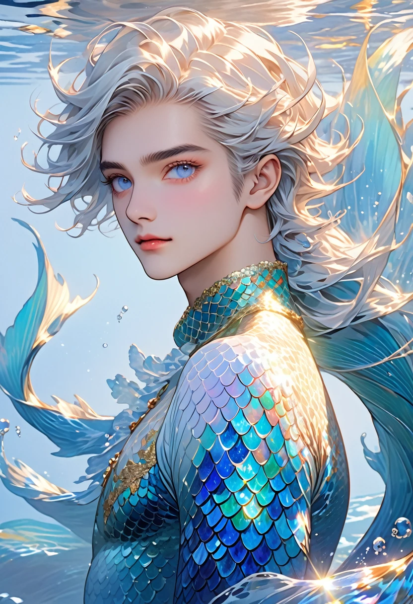 "A breathtakingly beautiful, androgynous male merman floats gracefully before us, his presence both ethereal and captivating. His long, flowing white hair dances in the currents, framing a face of delicate, androgynous beauty. His eyes are a mesmerizing sapphire blue, conveying a sense of gentle wisdom and otherworldly charm.

The merman’s skin is pale and flawless, but scattered across his torso are random patterns of shimmering blue and gold scales, adding to his fantastical and enchanting appearance. In place of legs, he has a long, flowing tail, the scales glistening like thousands of precious gems as it undulates through the water.

The merman’s upper body is lean and androgynous, with no visible body or facial hair. His features are soft and youthful, yet there is an undeniable allure and magnetism to his appearance. The viewer is drawn inexorably to his captivating gaze and the graceful, otherworldly movements of his magnificent tail.

The underwater scene should be rendered with the utmost attention to detail, from the intricate textures of the merman’s scales to the shimmering, kaleidoscopic refractions of light through the water. The overall composition should emphasize the merman’s ethereal beauty and enchanting presence, capturing the viewer’s imagination and leaving them spellbound by this truly mesmerizing creature of the deep."