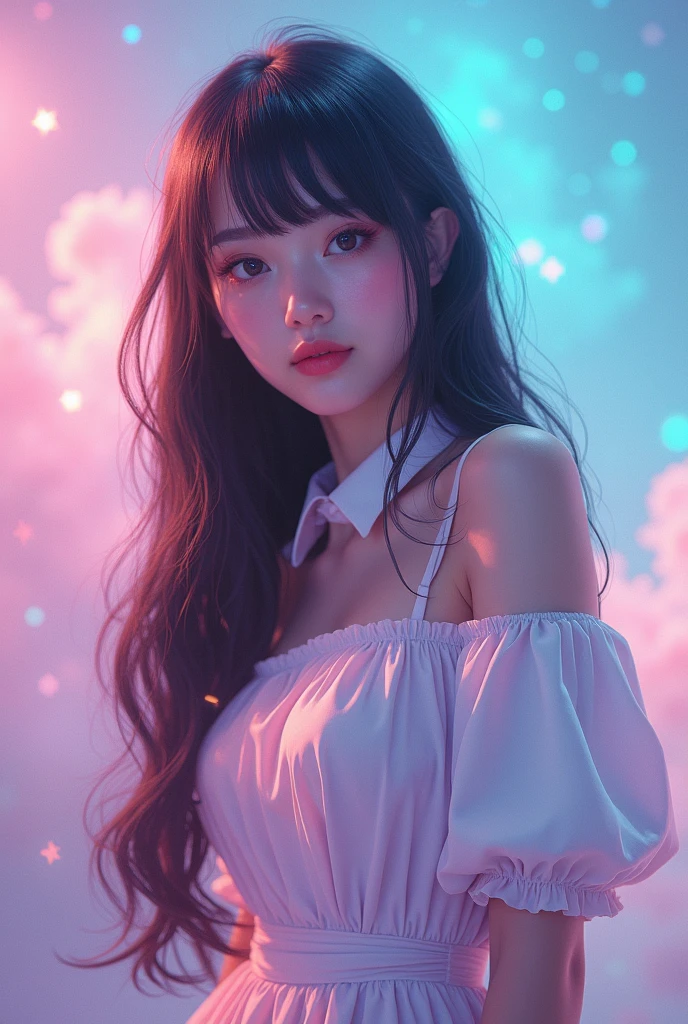 (fluorescent colors:1.4),(translucent:1.4),(retro filters:1.4), (fantasy:1.4), candy world Disney land ethereal soft fluffy soft landscape forest snowavatar Pastel pink sky green blue sparkle ethereal light pastel whimsical light rainbow stars diamonds sparkle gemstone background hyper realistic Ultra quality cinematic lighting immense detail Full hd painting Well lit,diagonal bangs,, collared dress,on side, masterpiece, best quality,realskin,(portrait:1.5), 1girl, blunt bangs, long hair