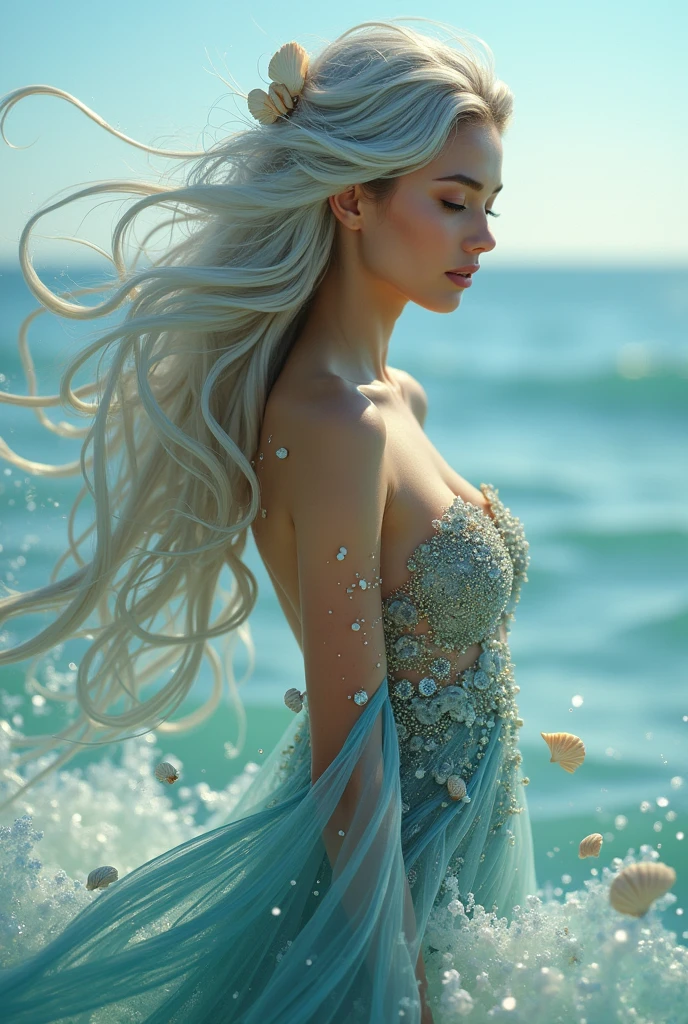 Ethereal and majestic lady, with flowing hair that blends with the ocean. Wears shimmering sea-like attire adorned with seashells and pearls.