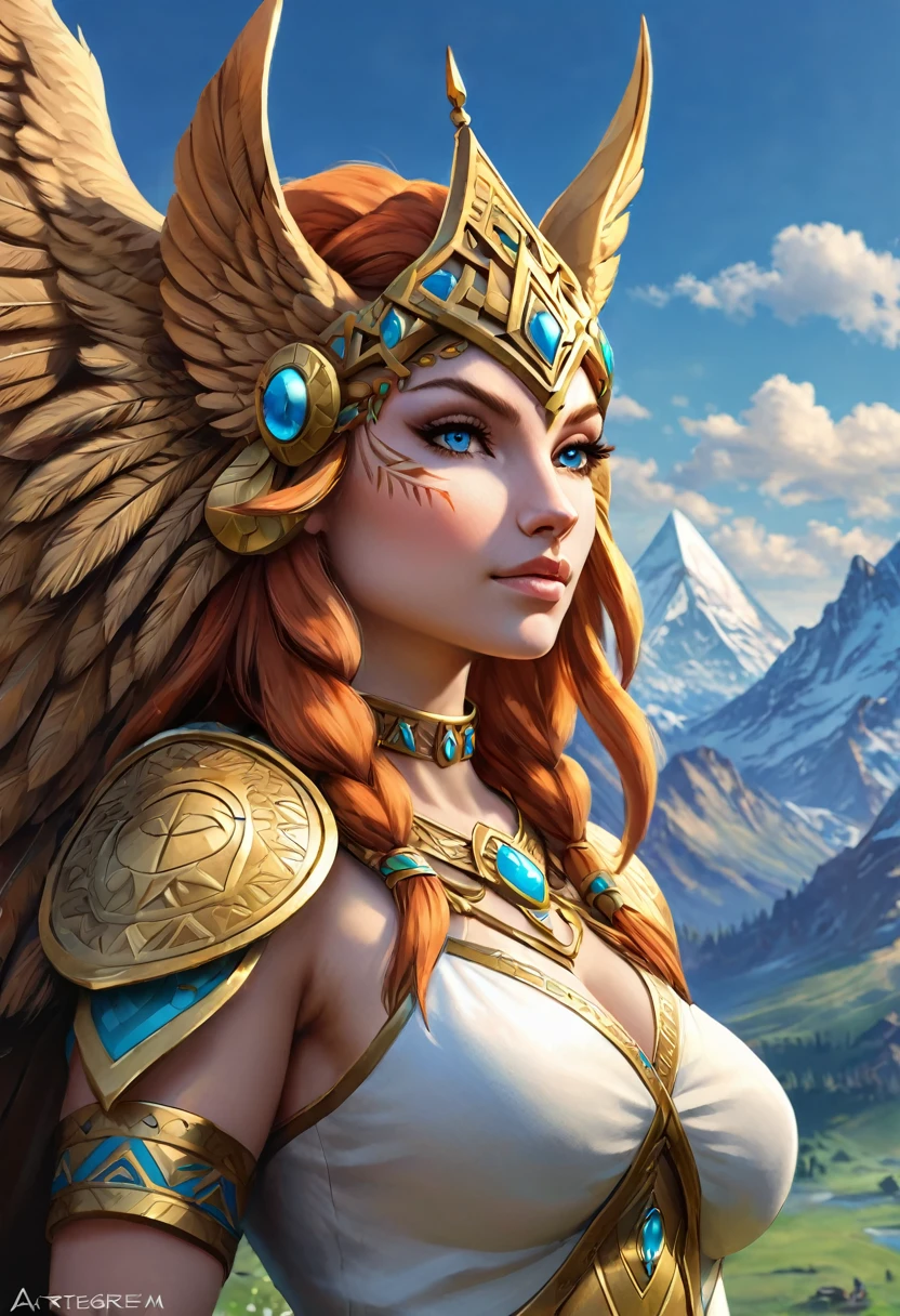 Anthropomorphic feminine griffin enchantress. Official Art – An Award-Winning Digital Masterpiece In 4K Ultra HD, Extreme Detail And Intricate Realism. Symmetrical Face. This Concept Art Brought To Life By The Hands Of Artists Like Wlop & Artgerm In A Stunning 2D Vector Illustration. Breath of the wild. Background Is A Panoramic Vista.