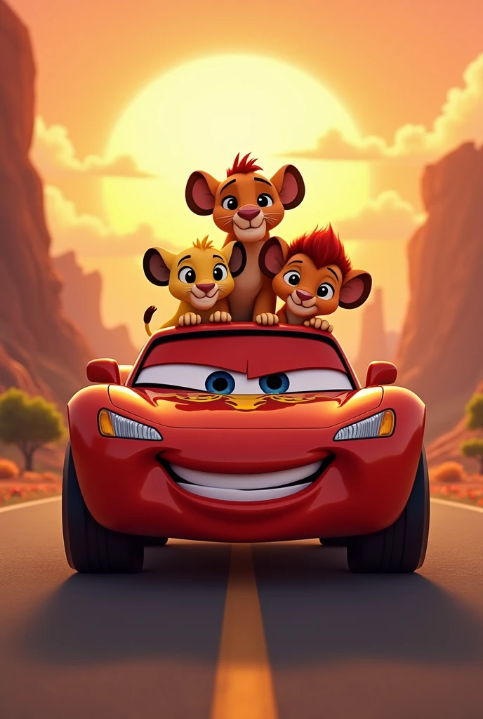 the characters from the lion king animation in cars. each car with a lion cub. (less timao,pumba and scar) on a road in the kingdom lands. the license plate of the car must be eac.