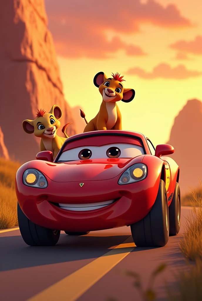 the characters from the lion king animation in cars. each car with a lion cub. (less timao,pumba and scar) on a road in the kingdom lands. the license plate of the car must be eac.