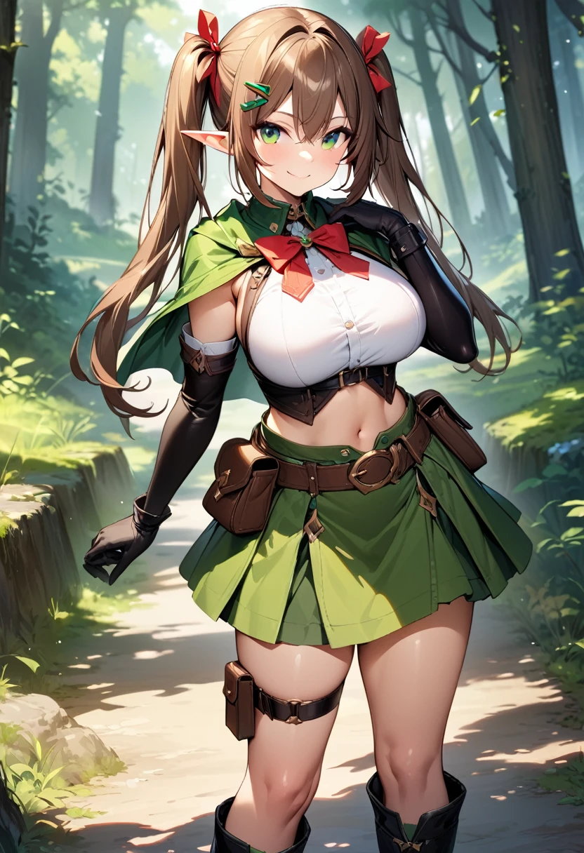 (masterpiece),(best quality),(ultra-detailed),(best illustration),(best shadow),(absurdres),(detailed background),(very aesthetic), 1girl, solo, pointy-ears, ((brown-hair)), green-eyes, gloves, boots, twintails, skirt, elbow-gloves, hair-ornament, navel, looking-at-viewer, cape, smile, elf, ribbon, hair-ribbon, knee-boots, belt, hairclip, ((green-skirt)), black-gloves, forest, midriff, thigh-strap, hair-between-eyes, standing, black-footwear, pouch, long-hair, nature, red-ribbon, ((big boobs) 1:1)