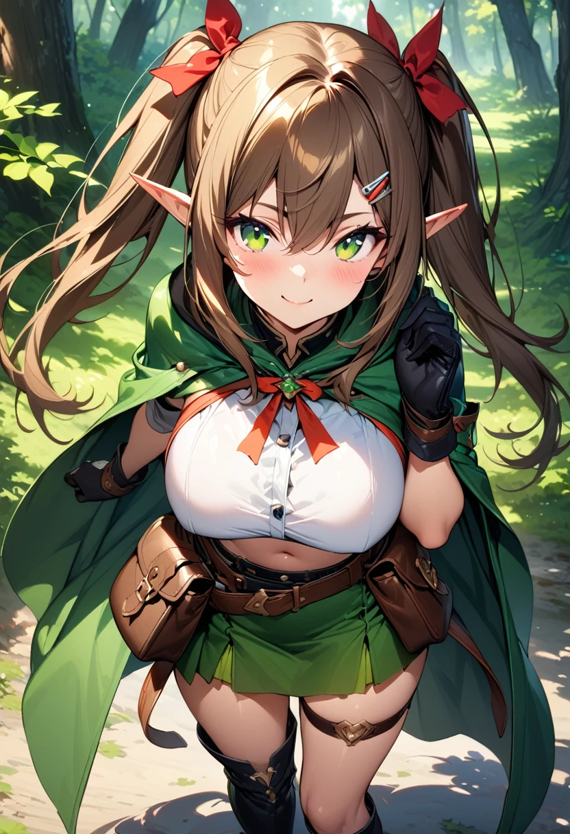 (masterpiece),(best quality),(ultra-detailed),(best illustration),(best shadow),(absurdres),(detailed background),(very aesthetic), 1girl, solo, pointy-ears, ((brown-hair)), green-eyes, gloves, boots, twintails, skirt, elbow-gloves, hair-ornament, navel, looking-at-viewer, cape, smile, elf, ribbon, hair-ribbon, knee-boots, belt, hairclip, ((green-skirt)), black-gloves, forest, midriff, thigh-strap, hair-between-eyes, standing, black-footwear, pouch, long-hair, nature, red-ribbon, ((big boobs) 1:1)
