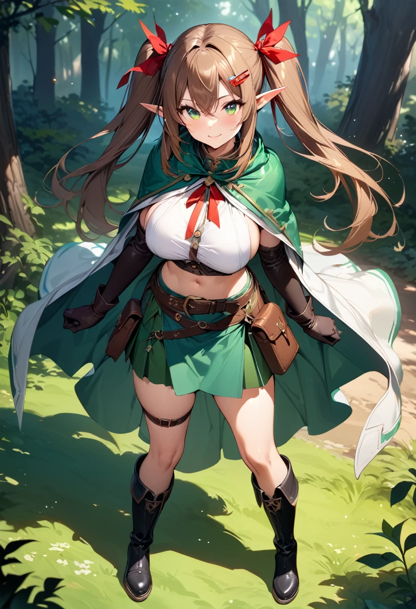 (masterpiece),(best quality),(ultra-detailed),(best illustration),(best shadow),(absurdres),(detailed background),(very aesthetic), 1girl, solo, pointy-ears, ((brown-hair)), green-eyes, gloves, boots, twintails, skirt, elbow-gloves, hair-ornament, navel, looking-at-viewer, cape, smile, elf, ribbon, hair-ribbon, knee-boots, belt, hairclip, ((green-skirt)), black-gloves, forest, midriff, thigh-strap, hair-between-eyes, standing, black-footwear, pouch, long-hair, nature, red-ribbon, ((big boobs) 1:1)
