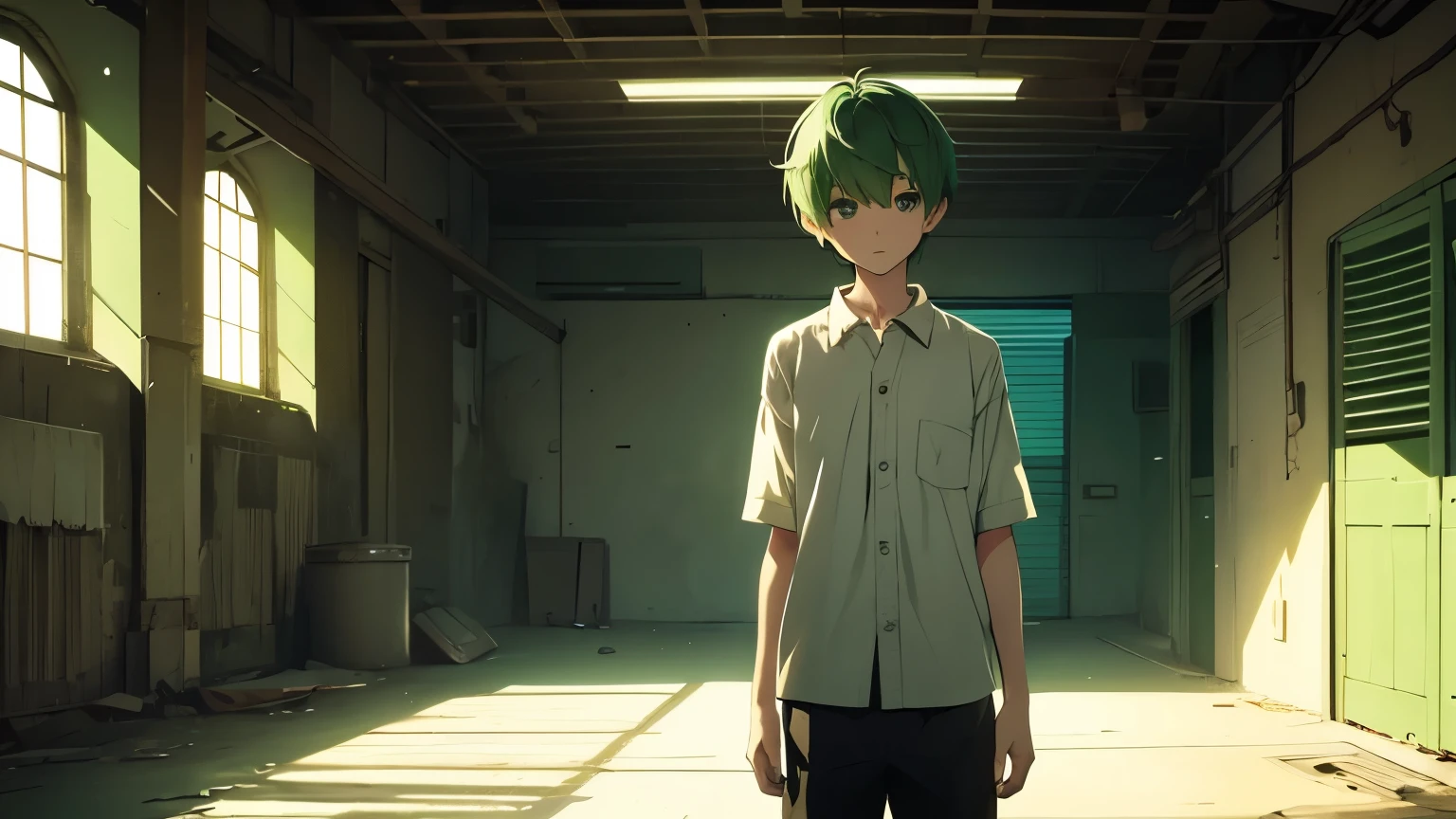 alone, Look to the right, full body , short hair, shirt, green hair, green eyes, 1 boy, Dying, focus man